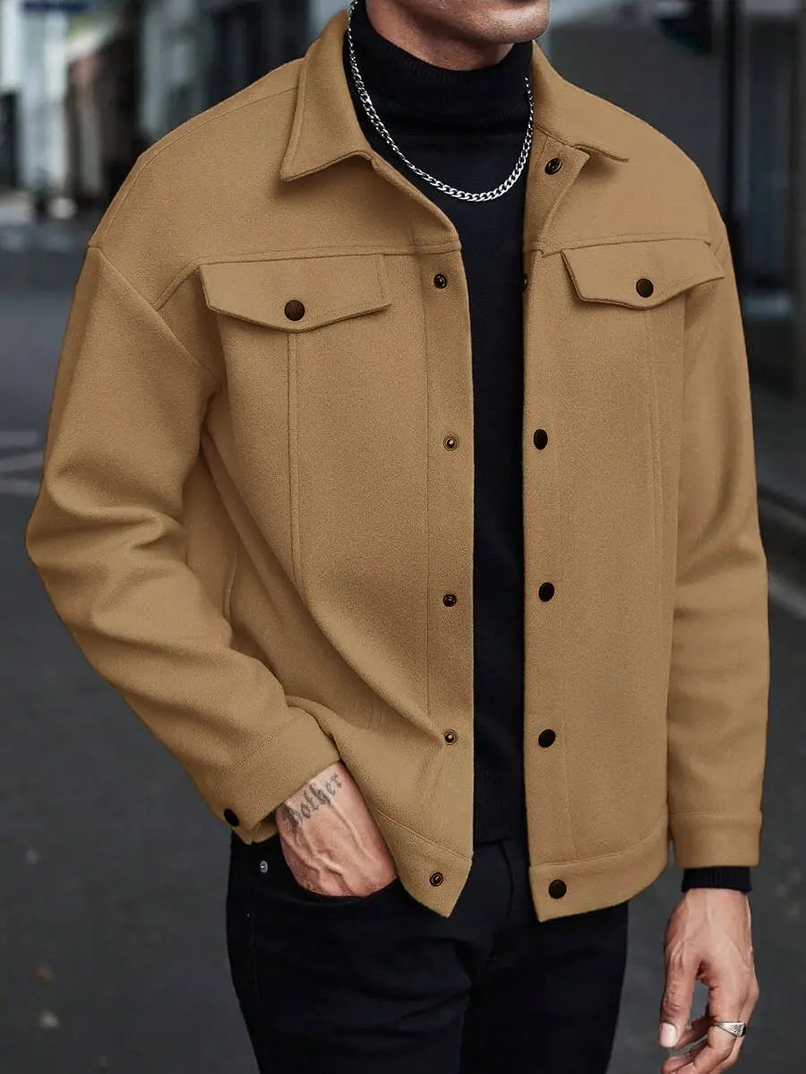 Tan woolen men’s classic slim fit wool blend lapel jacket featuring dark brown buttons and a classic collar.