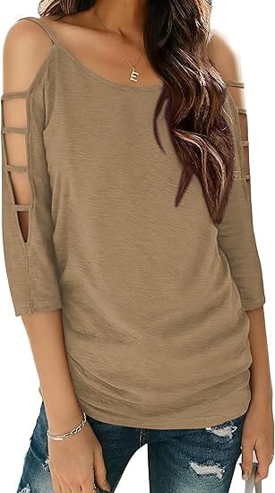 Beige off-shoulder cut-out top with three-quarter sleeves designed for casual wear.