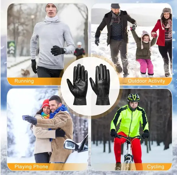 Schwarze Leder-Windschutz-Winterhandschuhe mit eng anliegender Passform und verstärkten Fingerspitzen, konzipiert für warme Outdoor-Fahraktivitäten.