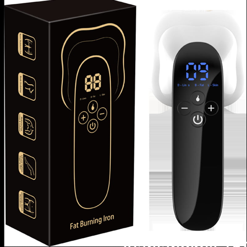 Black handheld fat burning iron with digital display showing 09 seconds and control buttons for power plus minus and mode selection for portable infrared led slimming and facial beauty device.