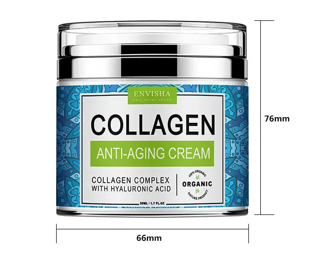Envisha retinol collagen anti-aging cream with vitamin e in a clear glass jar with silver lid and blue patterned label 50g.