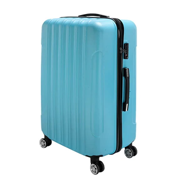 A sleek light blue hard-shell suitcase with vertical ridges and black trim from the 3-in-1 blue textured rolling hardshell suitcase set.