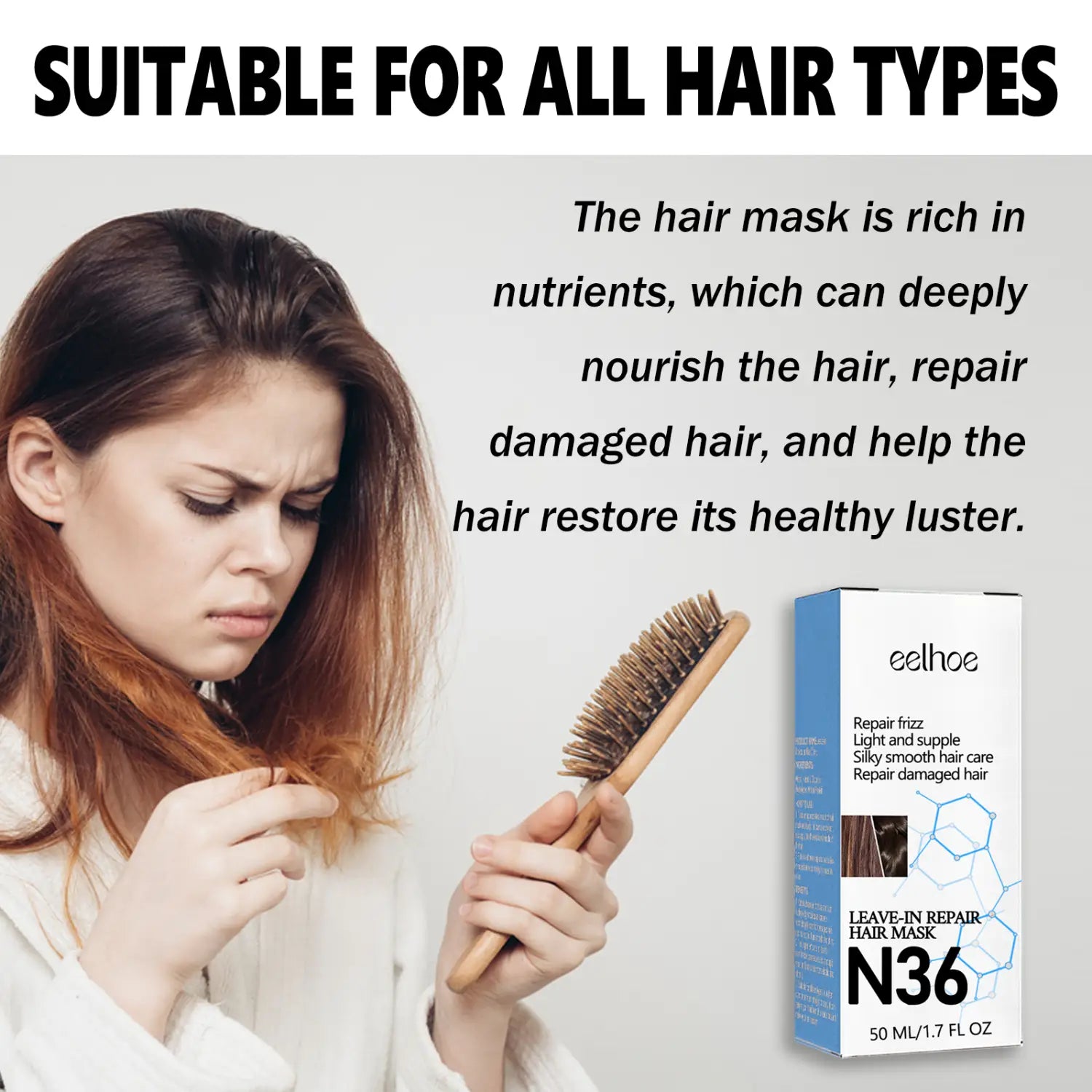 Le Eelhoe N36 Molecular Leave-in Hair Repair Mask 50 ml en spray, dans une élégante boîte bleue et blanche conçue pour tous les types de cheveux, afin de nourrir en profondeur et de restaurer une brillance saine.