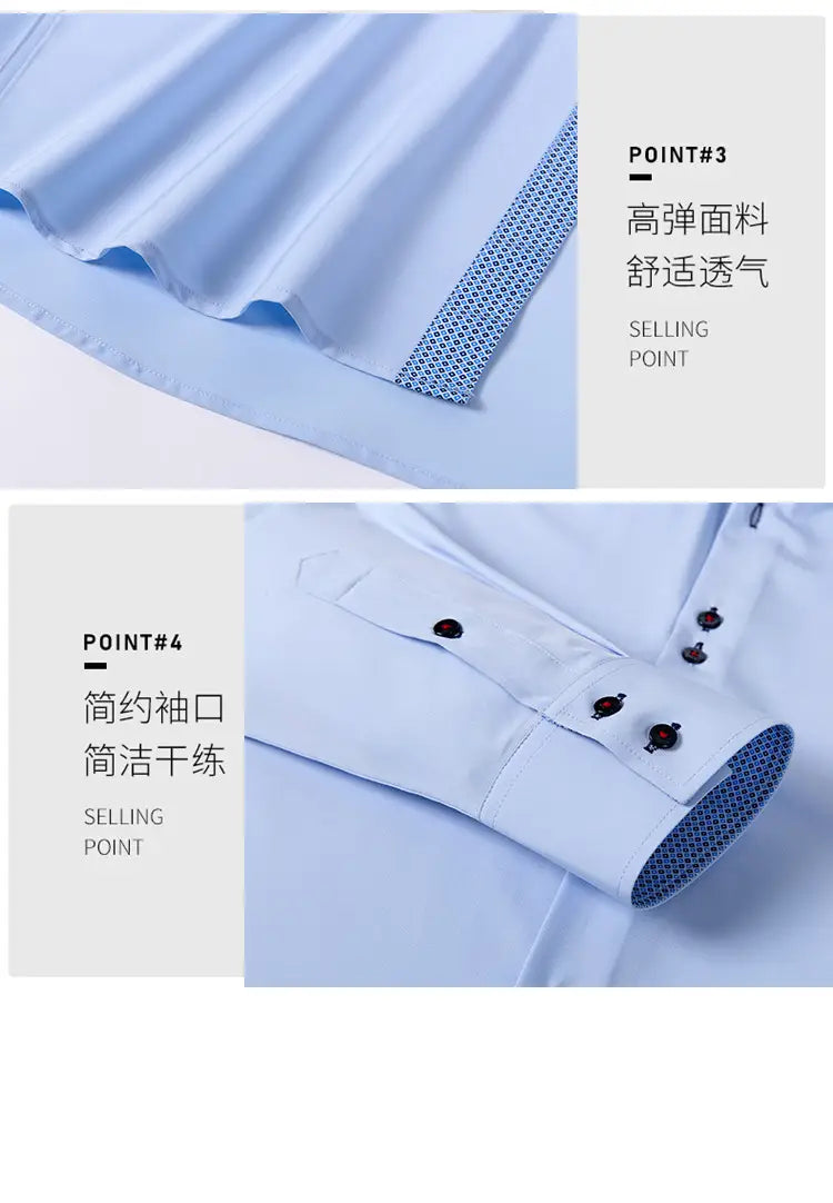 Chemise habillée stretch à empiècements contrastés bleu clair, fabriquée dans un tissu très élastique, avec un motif texturé discret et des boutons brun foncé.