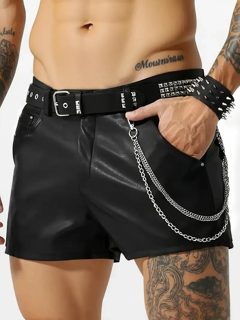 Men faux leather shorts glossy slim fit black featuring black leather with a studded belt and silver chain detailing.