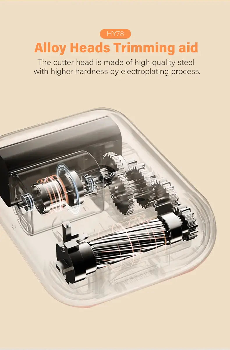 black alloy heads trimming aid with transparent casing showing internal gears and steel components in electric nail clippers with led display and trimmer