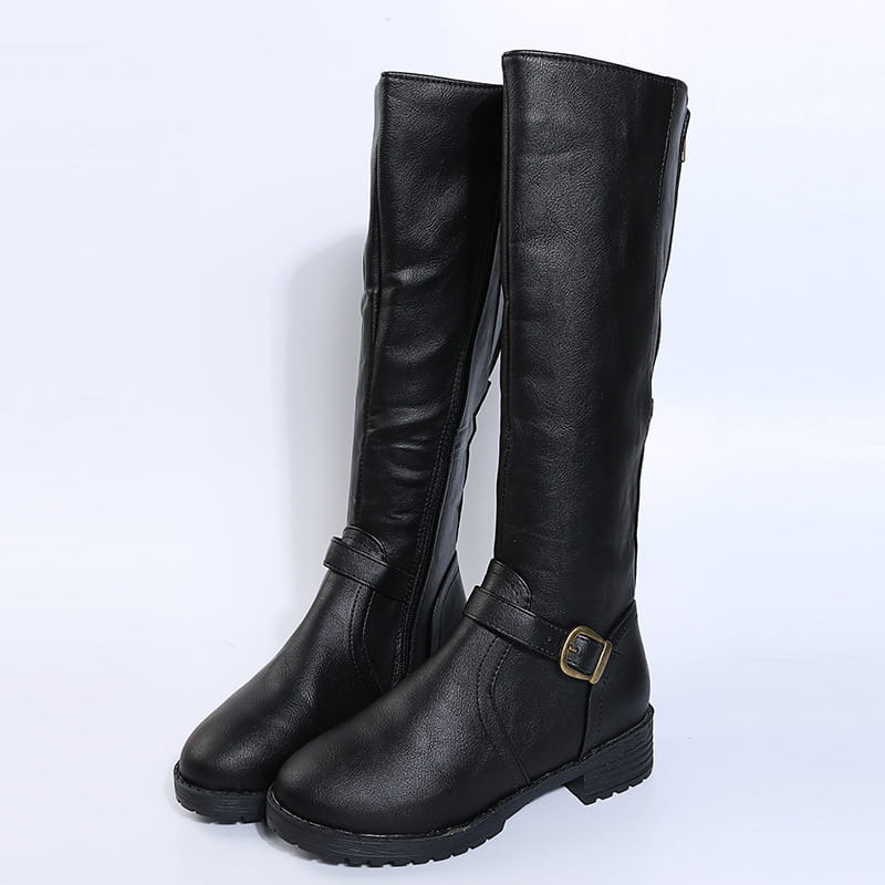 black leather knee high knight boots with a buckle strap and chunky sole designed for durable and stylish wear