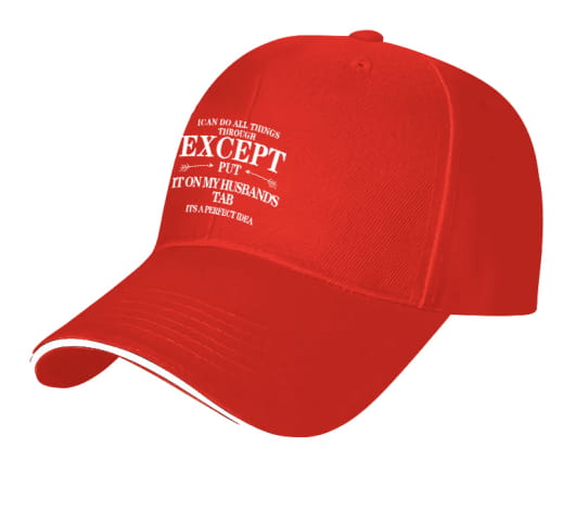 Casquette de baseball à slogan brodé rouge pour femmes, avec du texte blanc indiquant « je peux tout faire par, sauf mettre cela sur l’onglet de mon mari », conçue comme un chapeau de soleil.