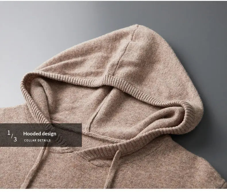 Sudadera con capucha de punto de cachemir beige, con puños acanalados y cordones, diseñada como jersey holgado de invierno para hombre