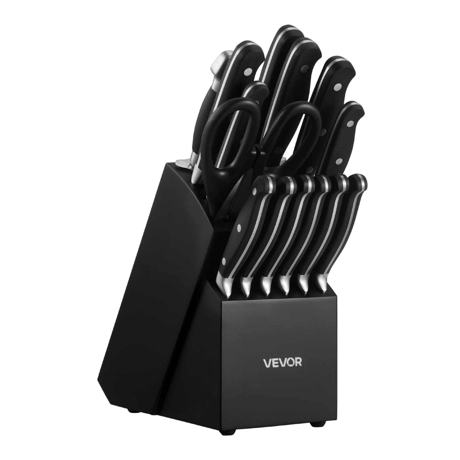 Juego de cuchillos de cocina Vevor negro de 15 piezas con hojas de acero inoxidable de alto contenido en carbono y mangos negros elegantes con detalles plateados en un bloque para cuchillos.