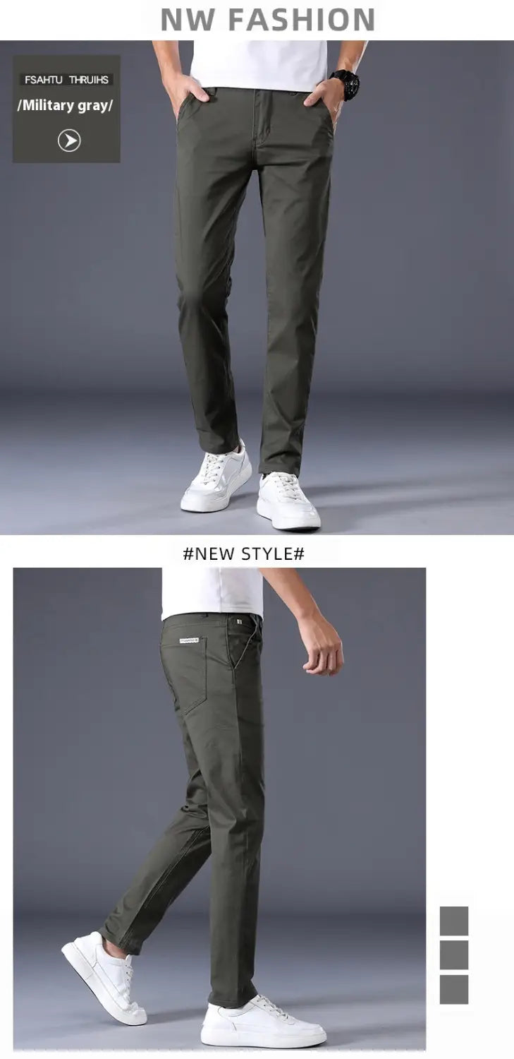Herren-Chinohosen Slim Fit aus elastischer Baumwolle mit geradem Bein in Militärgrau, mit cleanem modernem Design und dezenten Nähtdetails.
