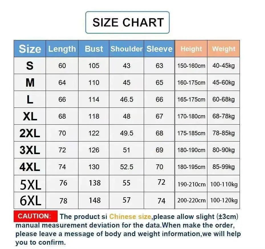 Size chart for a mens beach shirt and pants set casual summer outfit showing Chinese sizes with measurements in centimeters and kilograms from S to 6XL.