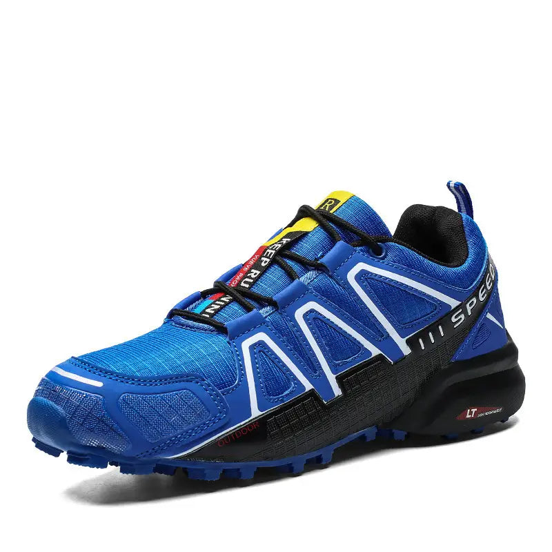 chaussure de course sur sentier pour homme de Salomon, en bleu, avec des accents noirs et blancs, présentant une tige en mesh texturé et une semelle extérieure robuste pour un usage en extérieur, grande taille