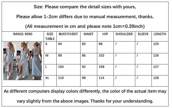 Light blue sleeveless tie waist denim maxi dress with high neckline and side slit suitable for summer wear.