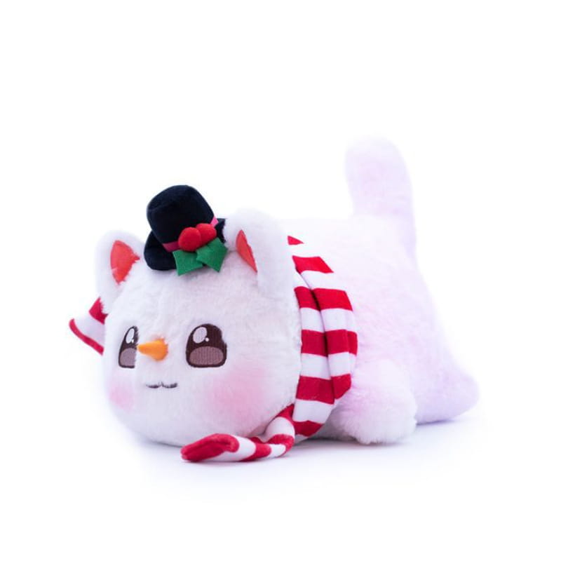 A plush white cat stuffed animal toy for kids measuring 25cm wearing a red and white striped scarf and a black top hat adorned with green holly and red berries.