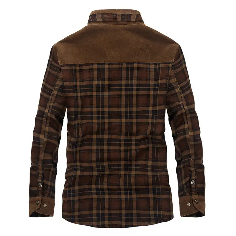 Men’s plaid fleece lined corduroy winter jacket in brown with a plaid flannel shirt design featuring a suede collar and cuffs.