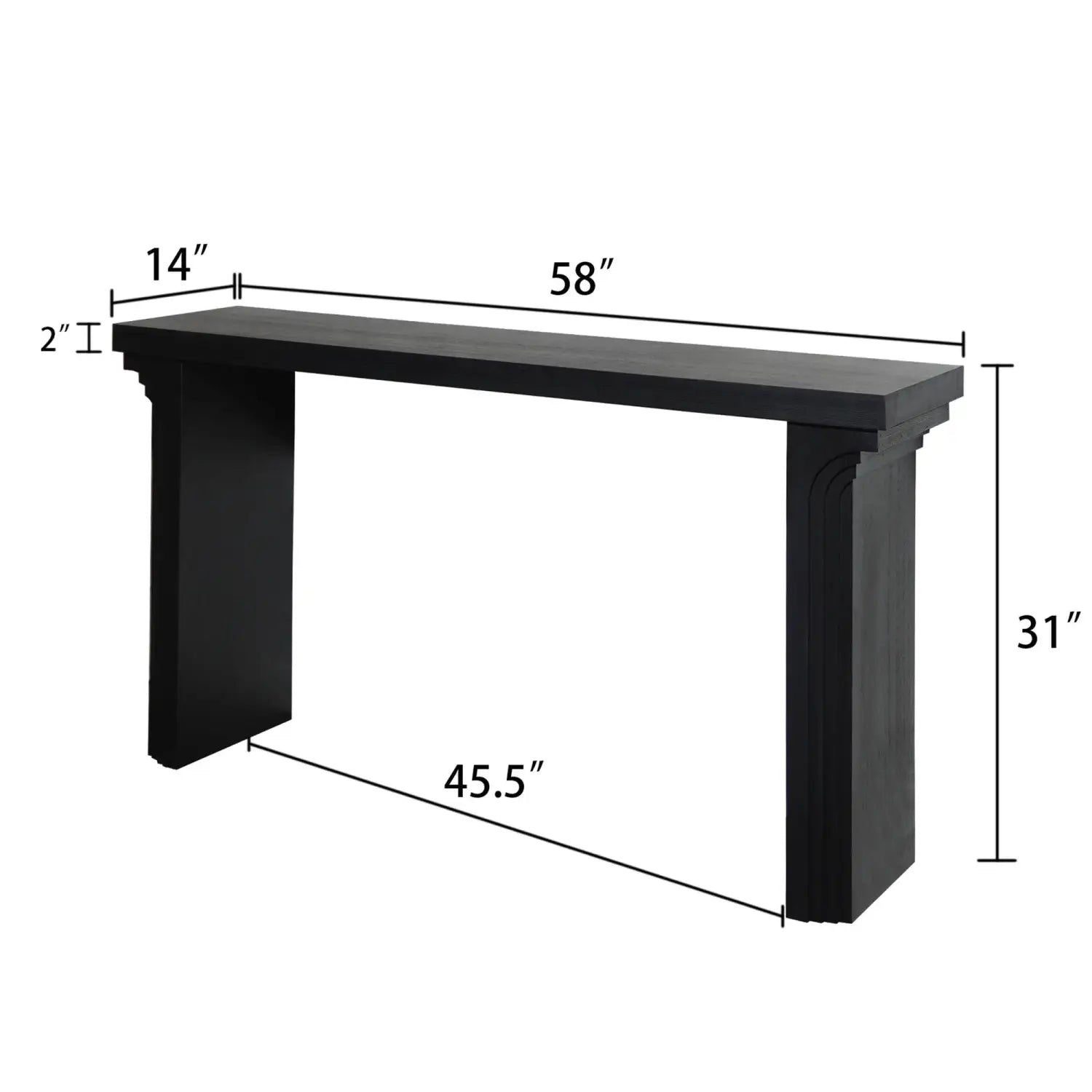 Black wooden console table with ornate legs and a flat top surface ideal for modern entryway accent measuring 58 inches
