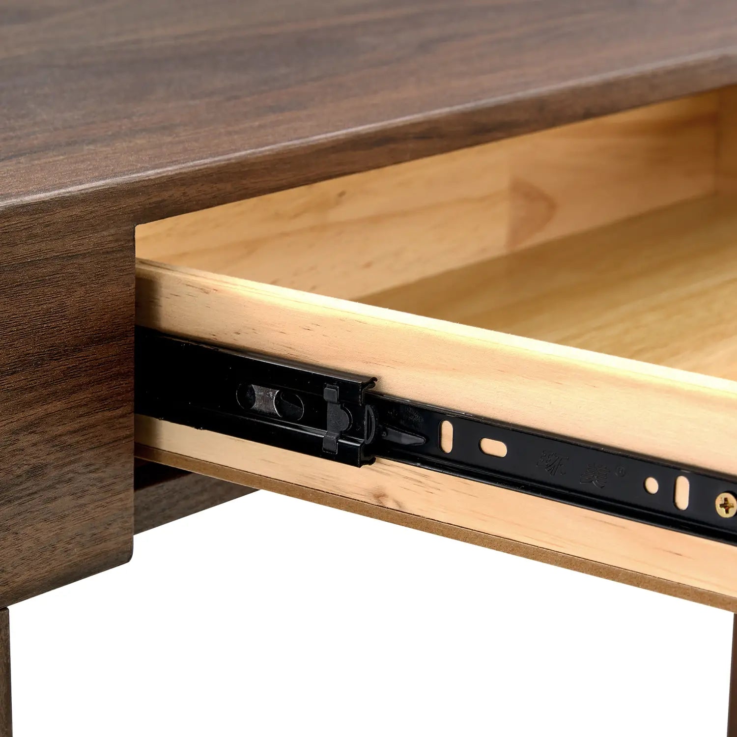 Black metal drawer slide with locking mechanism set into a dark wood finished cabinet of a walnut wood bar table with double drawers 50 inch.