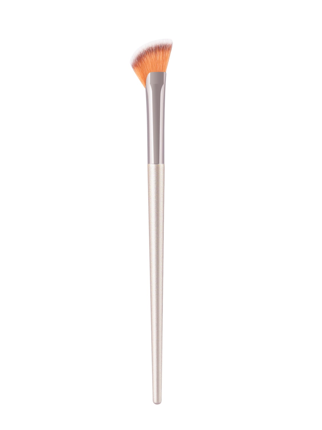 A sleek silver-finished finger belly makeup brush with a tapered handle and soft orange-tipped bristles designed as a professional contour tool.