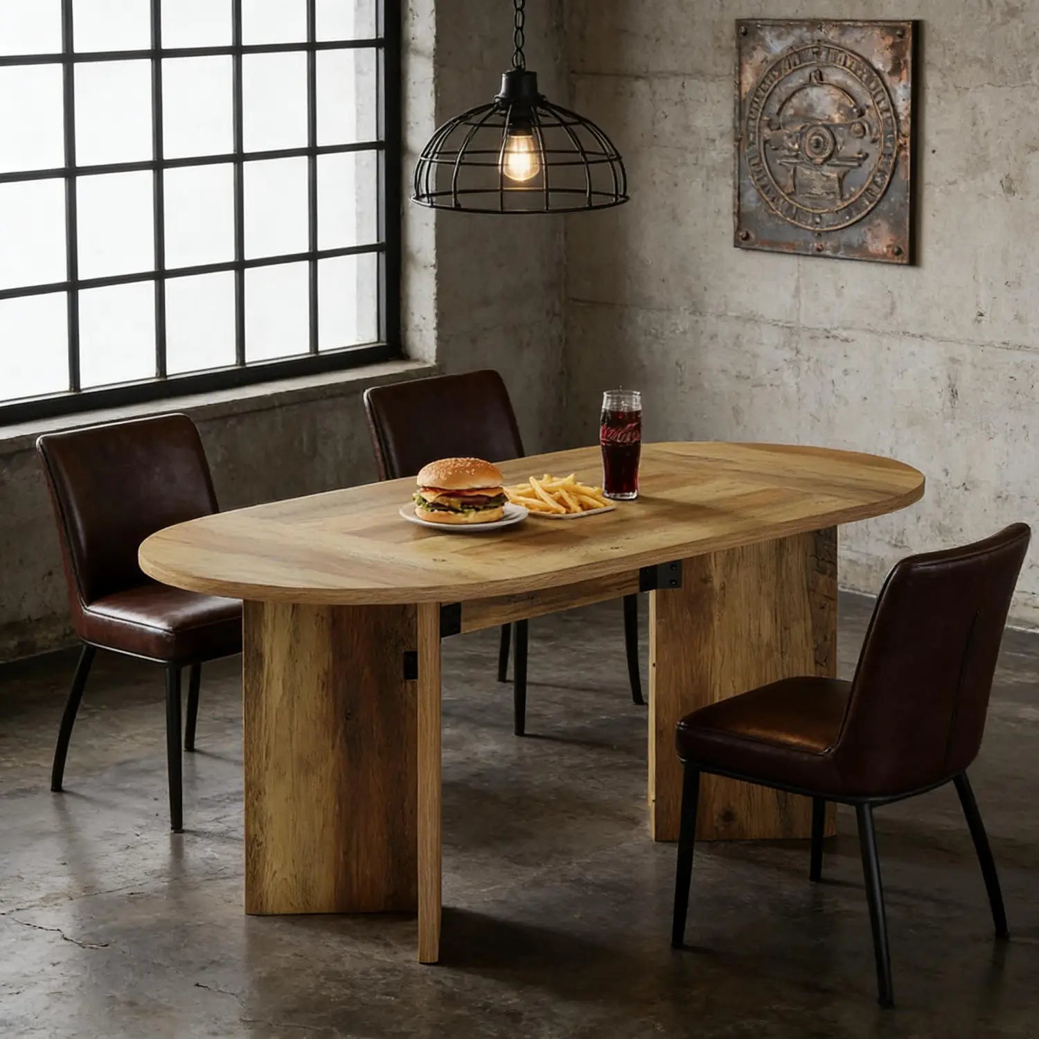 Table à manger ovale rustique en bois de 63 pouces, avec des pieds naturels épais et une surface brun clair lisse, présentant une base sur piédestal.