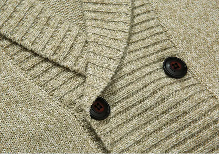 Men’s beige double-breasted knit cardigan with ribbed texture and dark brown buttons.