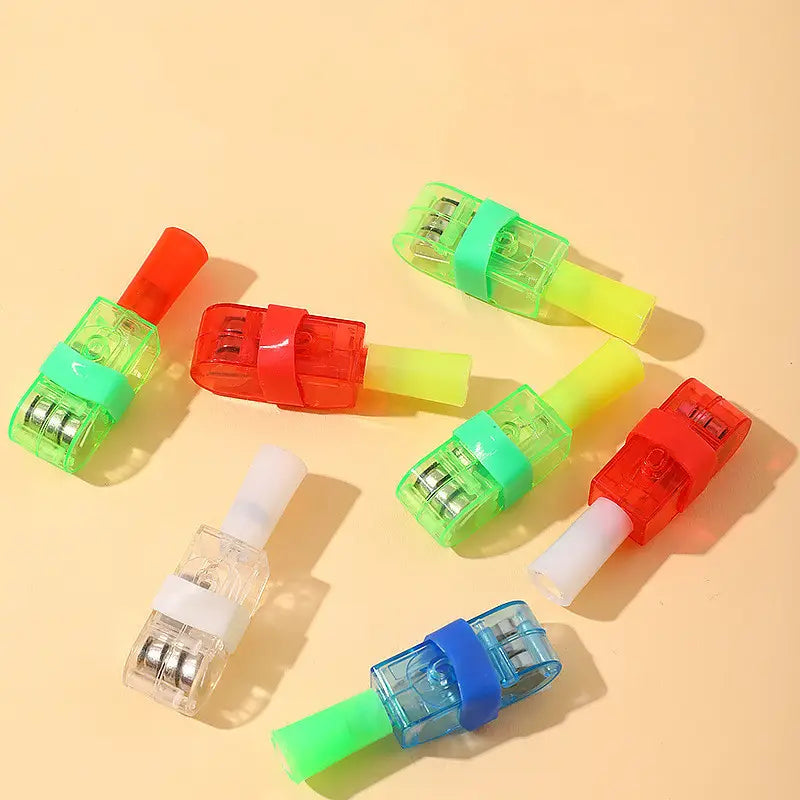 Colorful plastic led light connectors with translucent bodies and vibrant red green blue and clear caps for cartoon finger projection lamp luminous toy 10 pack.