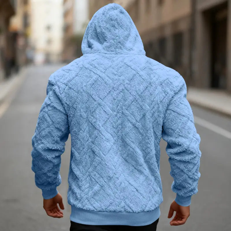 Men’s light blue textured fleece lined knit hoodie with plush diamond-patterned fabric and ribbed cuffs.
