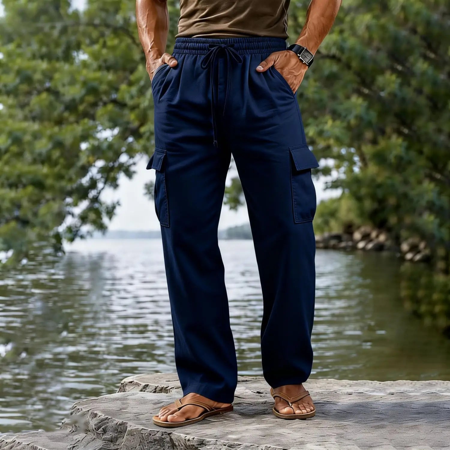 Men cotton linen cargo pants in navy blue featuring a casual straight leg design with a drawstring waist and side pockets.