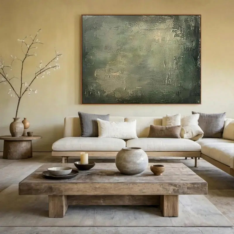 eine gedämpft-grüne geometrische abstrakte Wabi-Sabi-Leinwand-Kunst als Wanddekoration mit sichtbaren Pinselstrichen in einem dunklen Holzrahmen, die über einem Sofa hängt