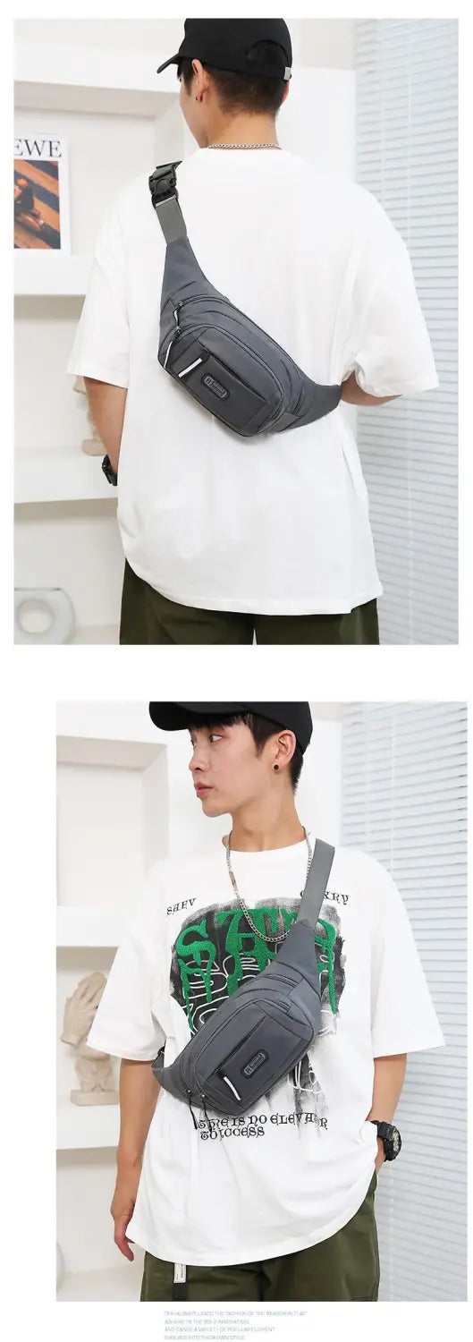 Gray men’s waterproof nylon multifunctional crossbody waist bag with tactical-style design, multiple compartments, and durable fabric construction.