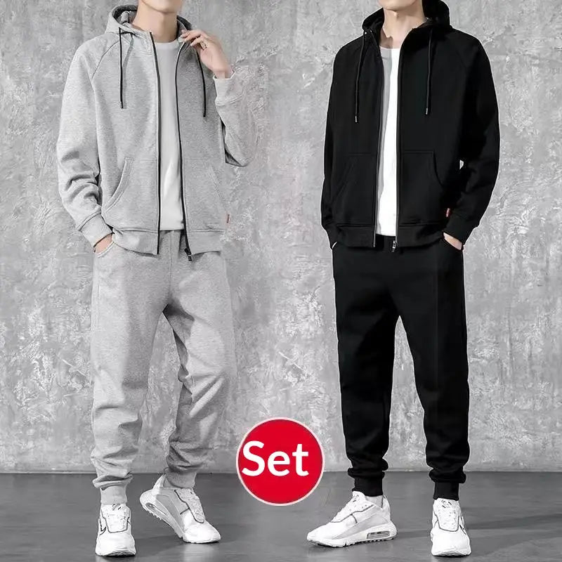 Mens zip up hoodie and jogger sweatsuit set featuring gray and black zip-up hoodies with matching joggers made from comfortable fabric ideal for casual wear.