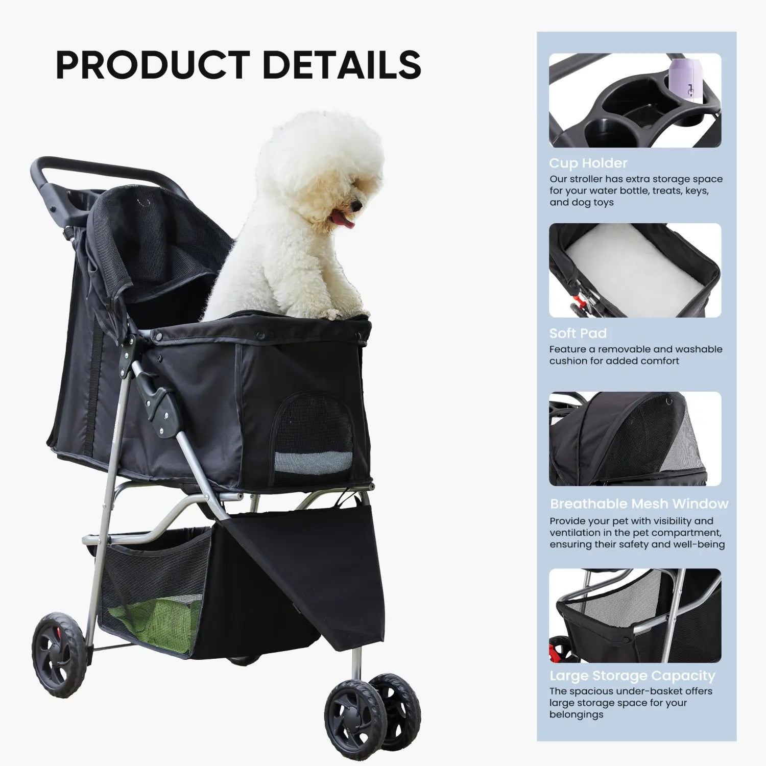 black pet stroller with swivel wheels featuring a silver frame and a soft mesh-lined interior designed for comfortable pet transport