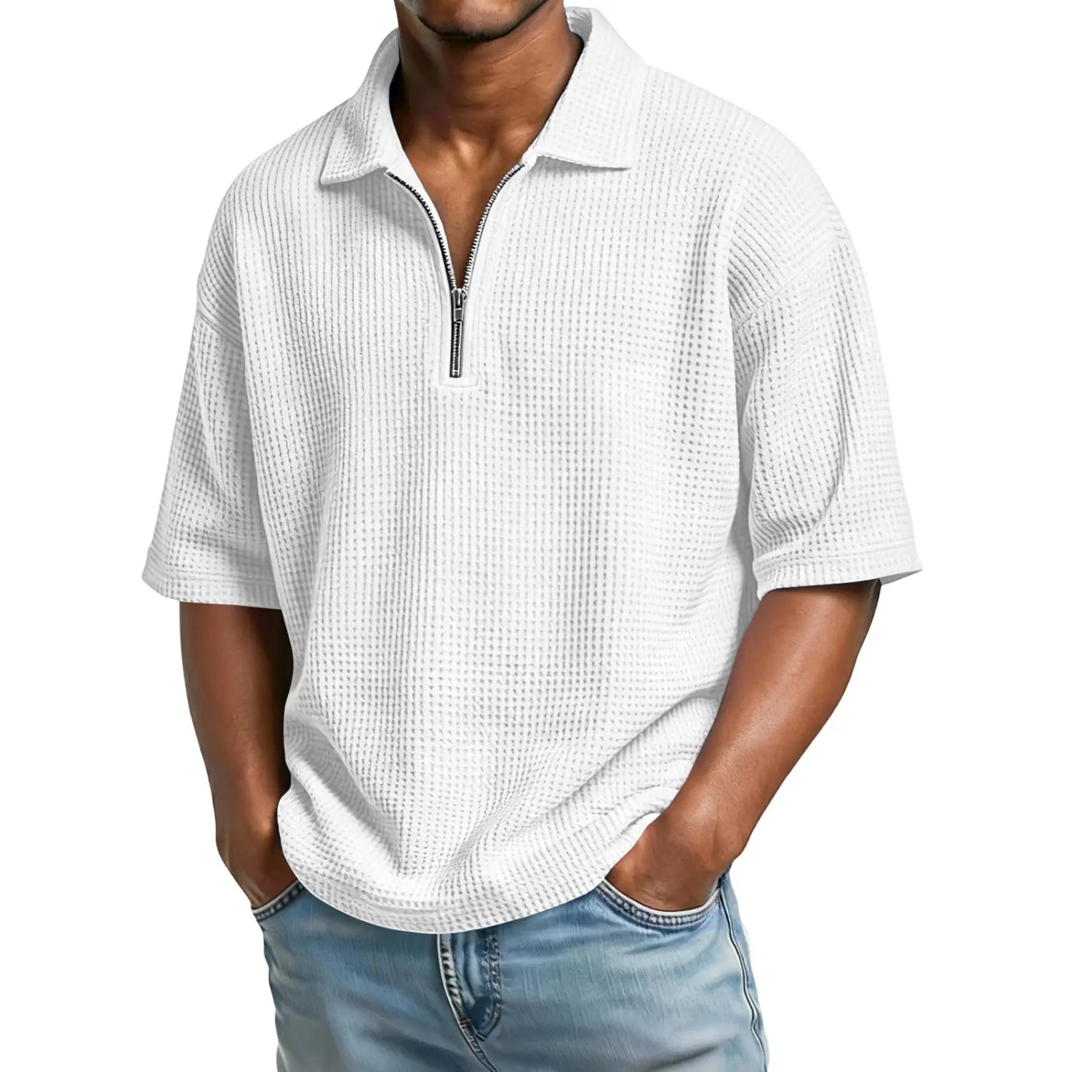 White waffle knit half zip short sleeve polo shirt for men made from textured breathable fabric.