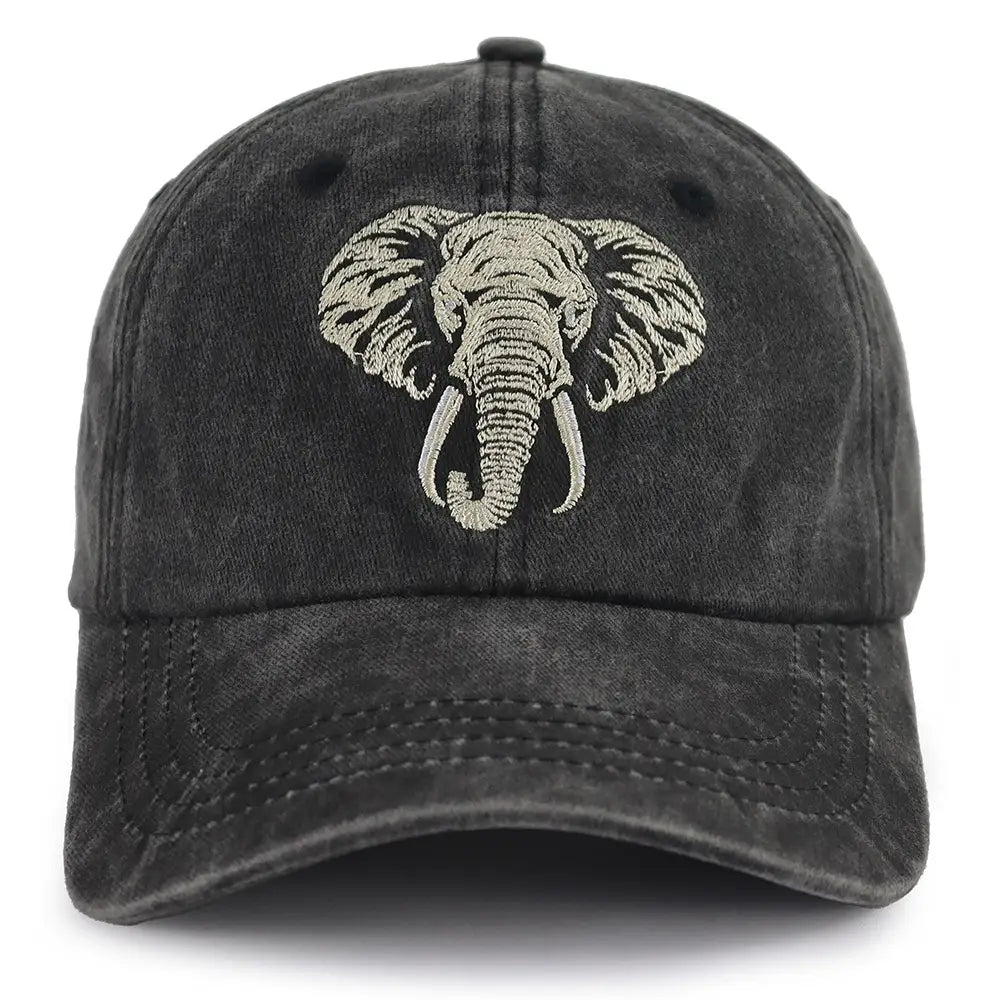 Dark gray denim baseball cap made of vintage washed cotton featuring a detailed embroidered elephant face in light beige thread.