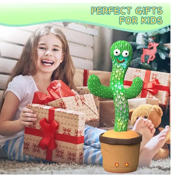 Jouet de cactus en peluche scintillant vert avec des yeux mobiles et un visage souriant dans un pot orange, comprenant 120 chansons et des lumières à DEL