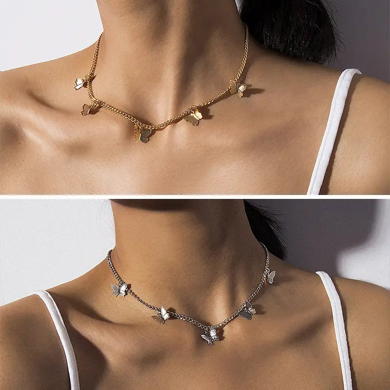 Gold-toned chain choker necklace adorned with delicate butterfly charms from the elegant butterfly charm choker necklace collection in gold and silver.