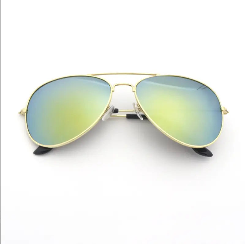 classic unisex metal aviator sunglasses featuring gold-tone frames and gradient mirrored lenses shifting from blue to green with uv protection.