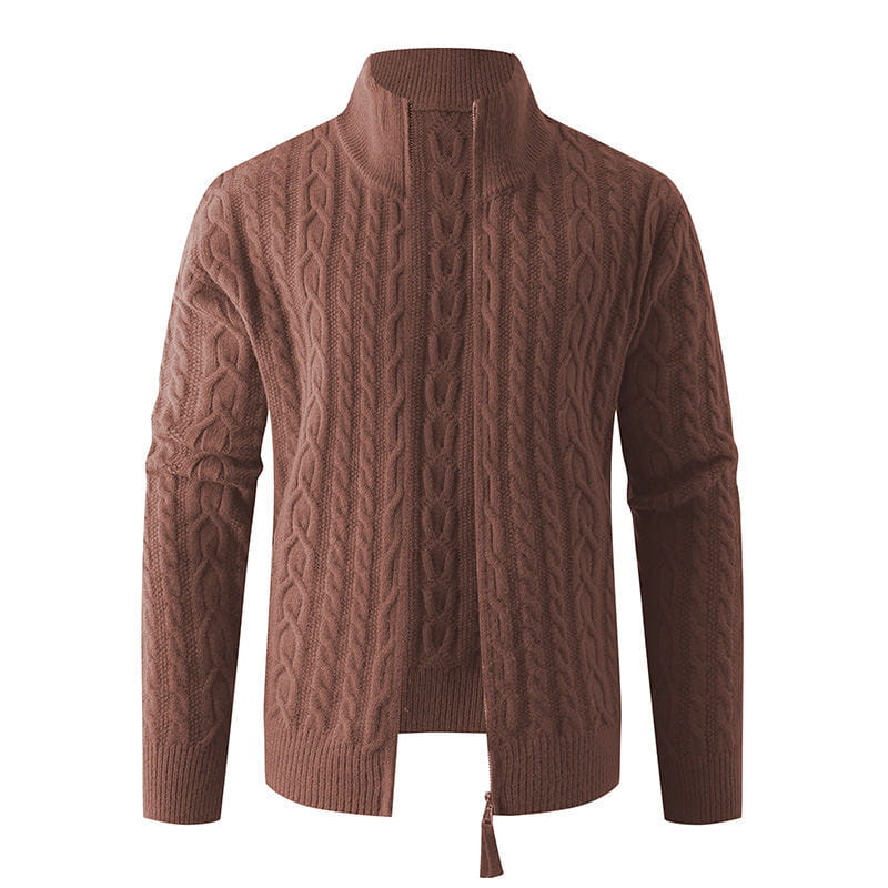Brown cable knit thick half zip sweater for men with a high collar and ribbed cuffs.