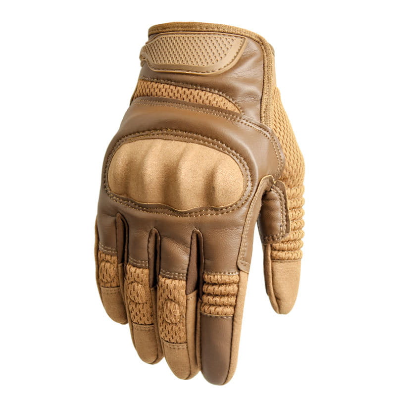 Tan tactical motorcycle glove featuring reinforced leather palms and breathable mesh panels for multifunctional use.