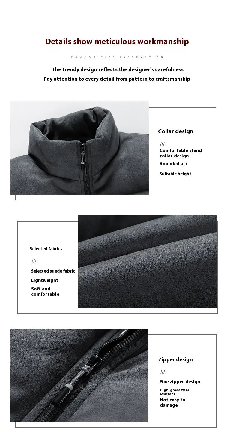 Black suede women thick padded winter coat featuring a stand collar and zipper closure puffer jacket.