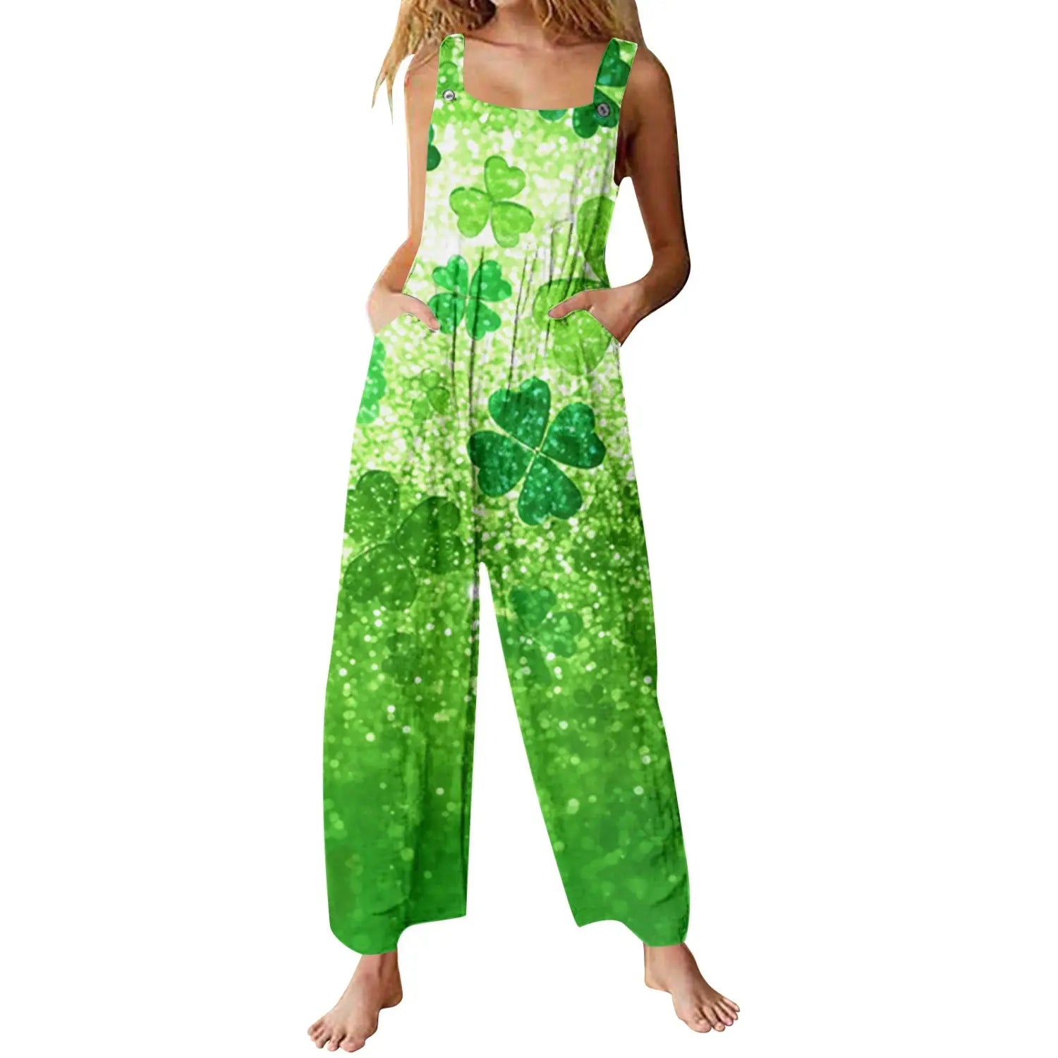Green shamrock-patterned wide-leg suspender pants with a glittery texture and 3d printed buttons for casual wear.