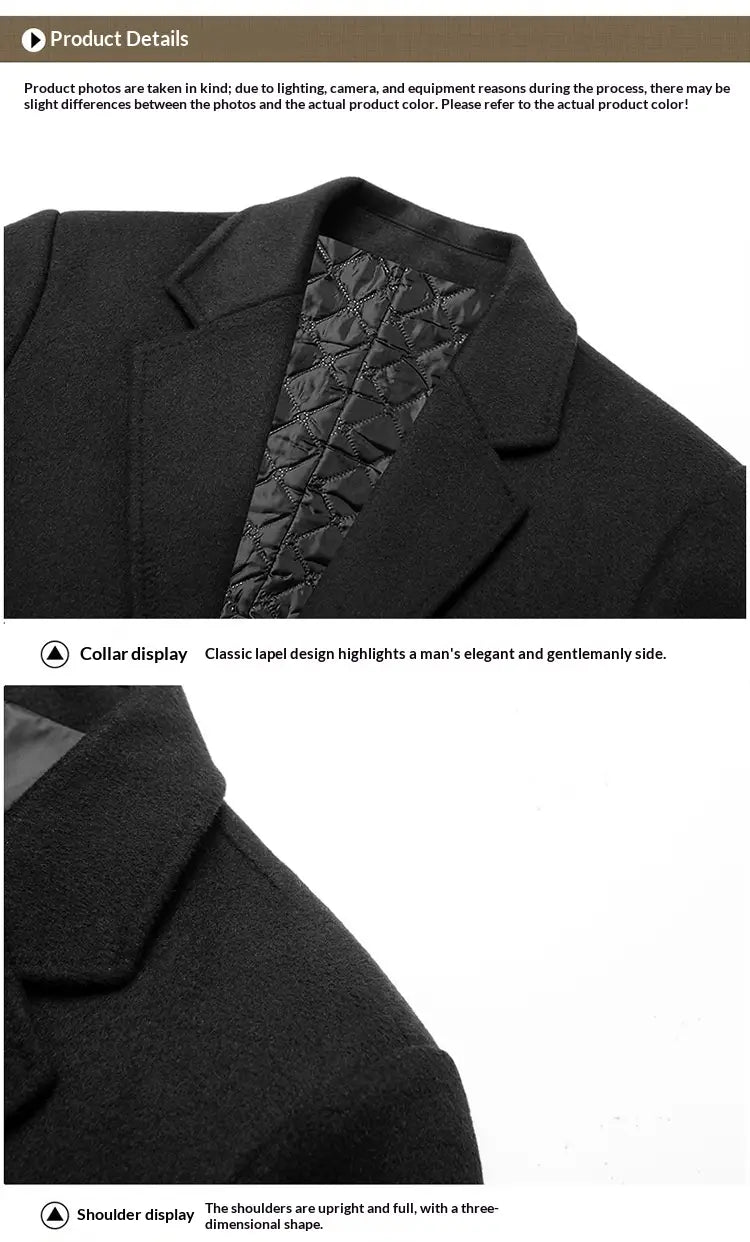 Herren-Dicker Wollmantel warme Winterjacke in Schwarz mit klassischem Reversdesign und wattiertem Futter aus Wolle