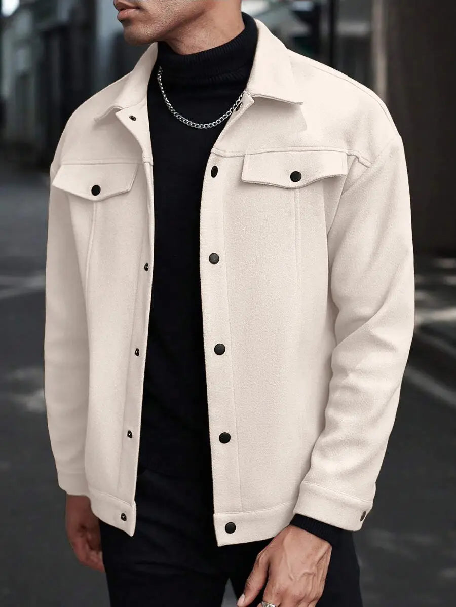 men’s classic slim fit wool blend lapel jacket in cream-colored denim with black buttons and a classic collar.