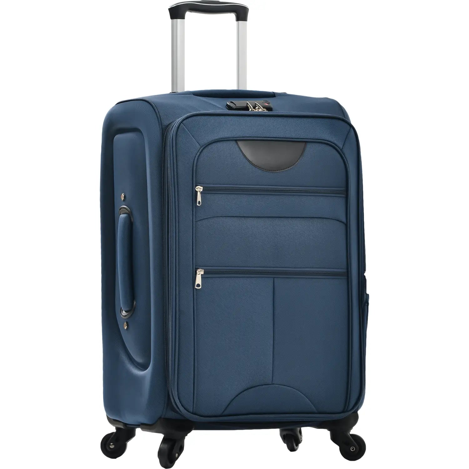 Navy blue softside expandable 3 piece spinner luggage set featuring a textured fabric suitcase with black wheels, handle, silver zippers, and a front pocket design.