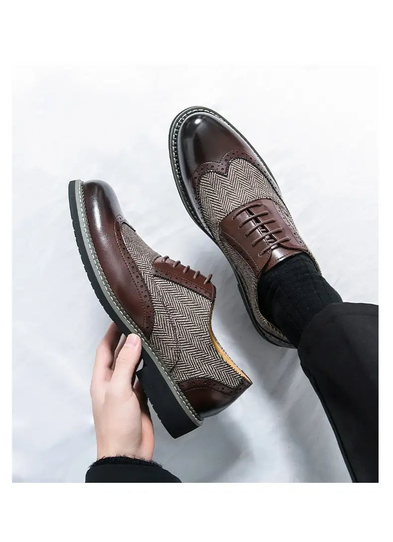 Men’s Korean style woven leather brogue high top shoes with brown and gray herringbone wingtip polished accents