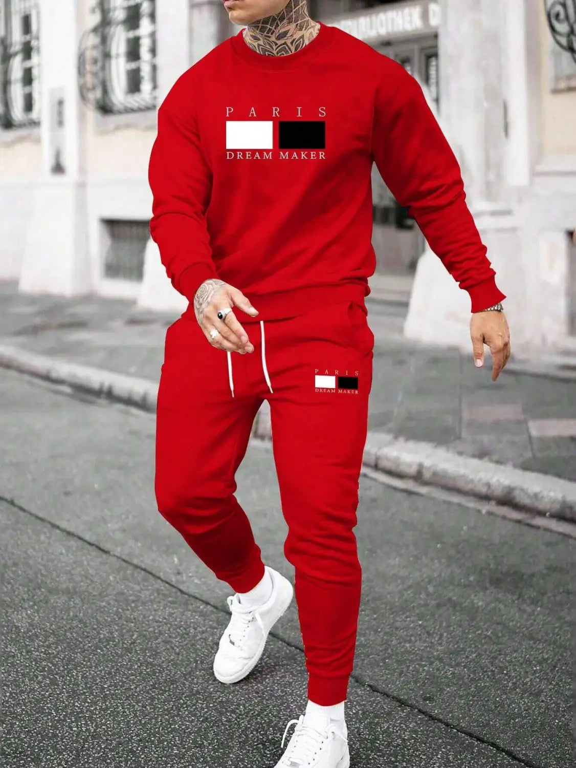 Red Paris printed fleece hoodie and joggers set featuring a bold graphic design in a comfortable fleece material.