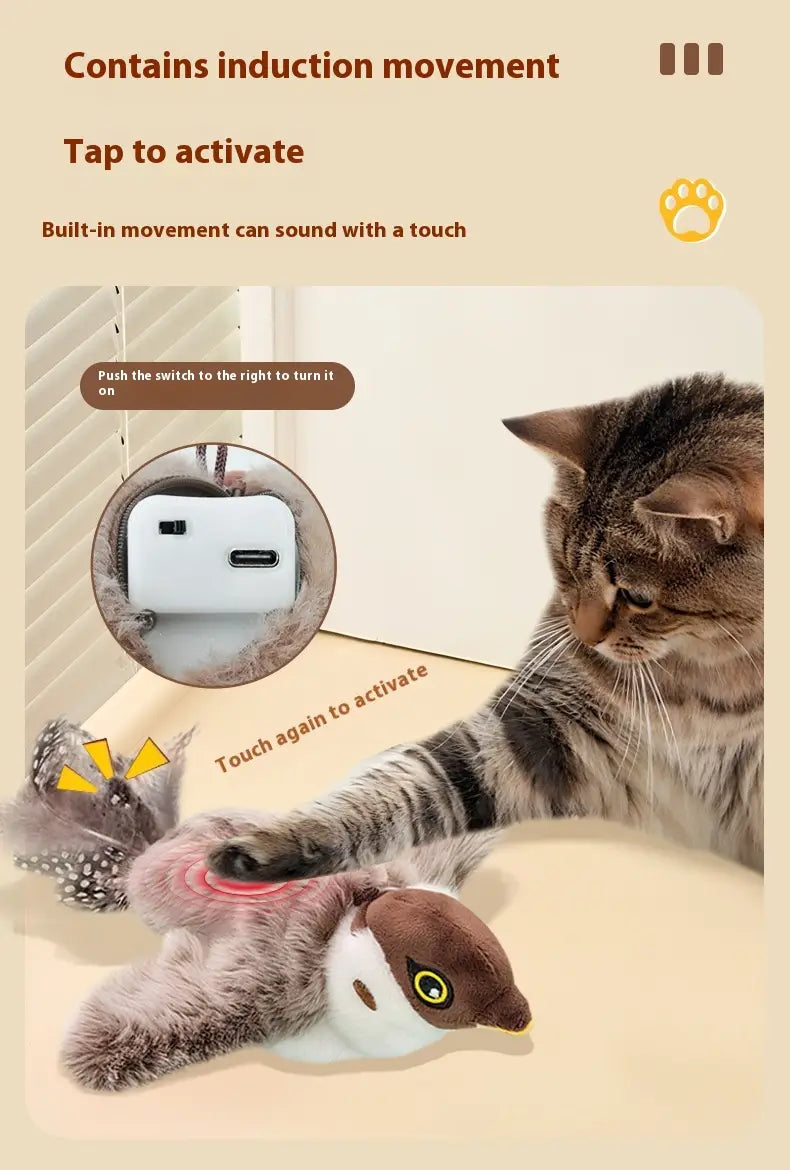 Plush brown and white interactive bird cat toy made of soft material with a feathered tail that moves when tapped and produces automatic sounds.