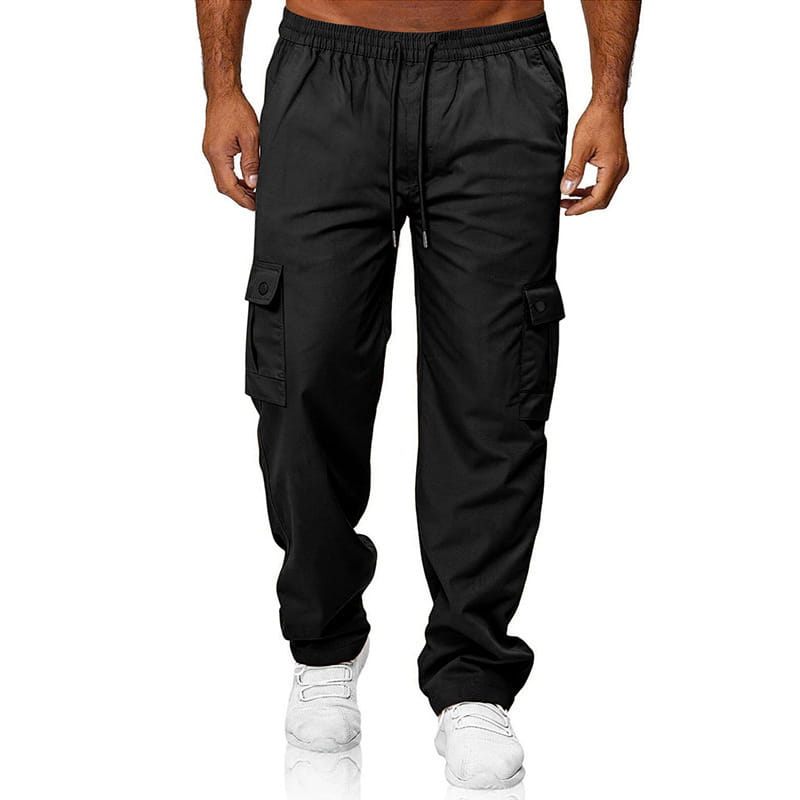 Mens straight leg cargo work pants in black featuring an elastic waistband with drawstring and multiple side pockets for utility.