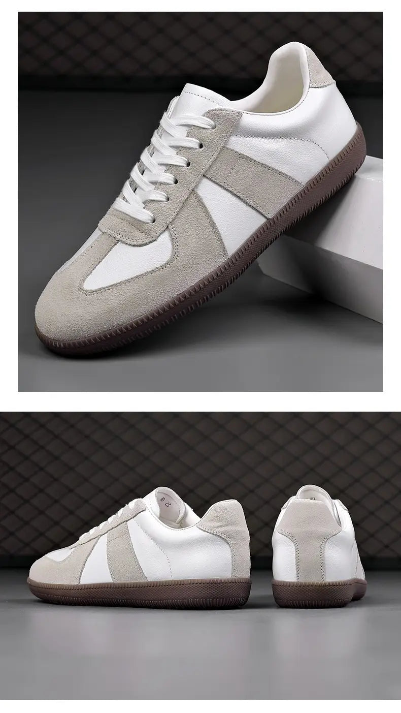 Weiße und beigetönte Veloursleder- sowie Leder-Low-Top-Trainingsschuhe für Herren aus Deutschland, Herren-Leder-Casual-Sneaker mit brauner Gummisohle.