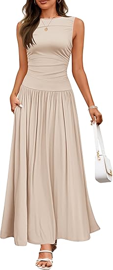 Beige sleeveless maxi dress with a ruched bodice and flared skirt featuring pleated fabric and pockets for an elegant look.